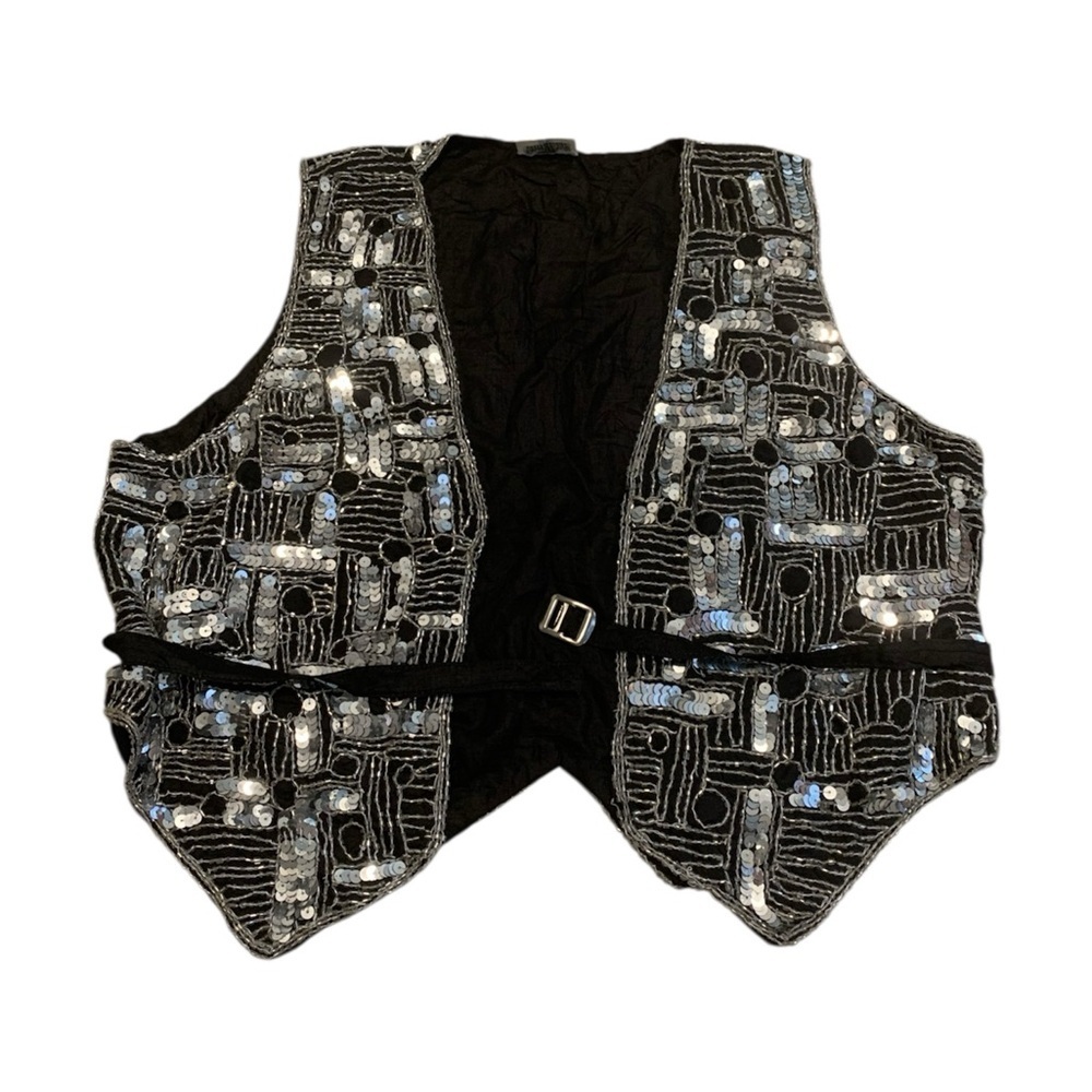 Vintage 80s Shimmer 100% Silk Sequin Beaded Vest | Abstract Black & Silver M